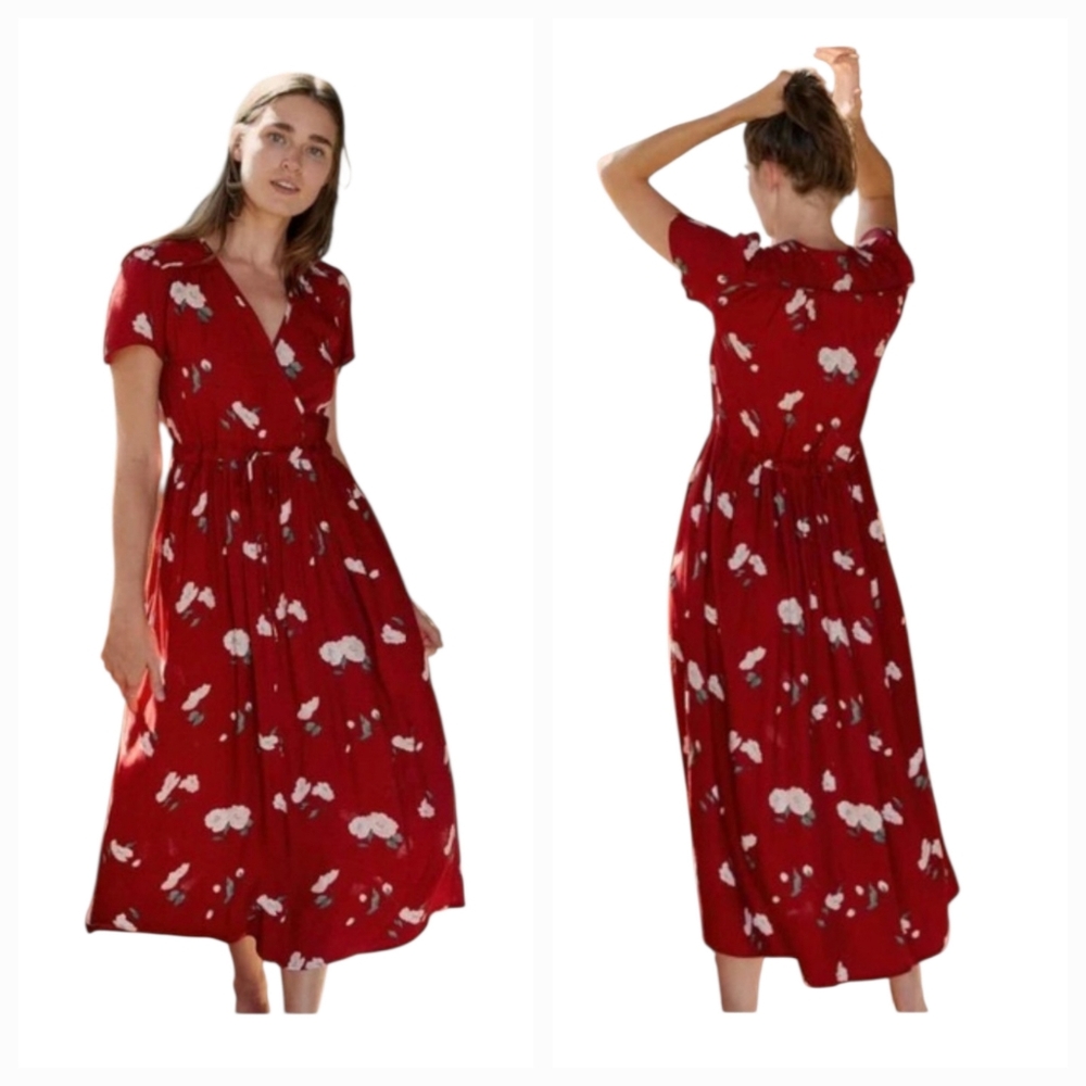 Christy Dawn Crimson Floral Dawn Dress V Neck Crossover Midi Size XS - Picture 10 of 10